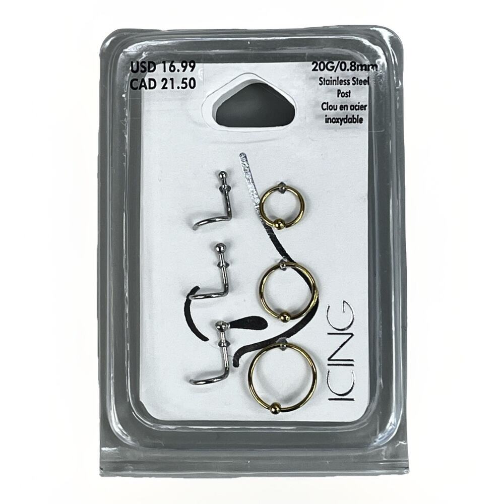 ICING Nose Rings Set of Six/ 3 Hoops, 3 Studs Color Silver/ Gold- 20G/0.8mm NWT!